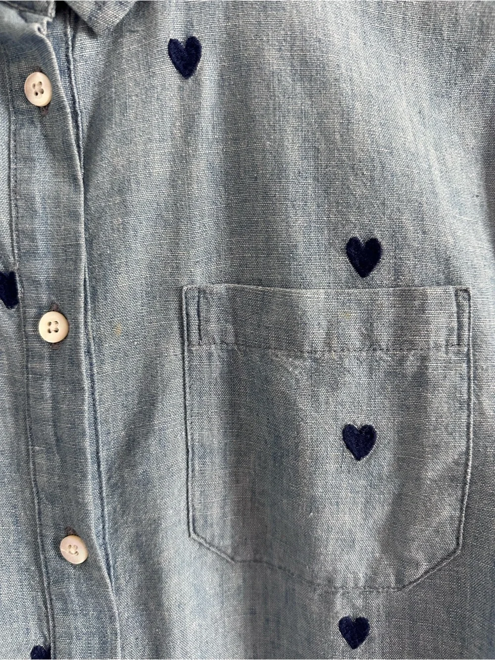 SEZANE Light Blue Chambray Button-Down Shirt with Navy Embroidered Heart Print - Picture 6 of 10